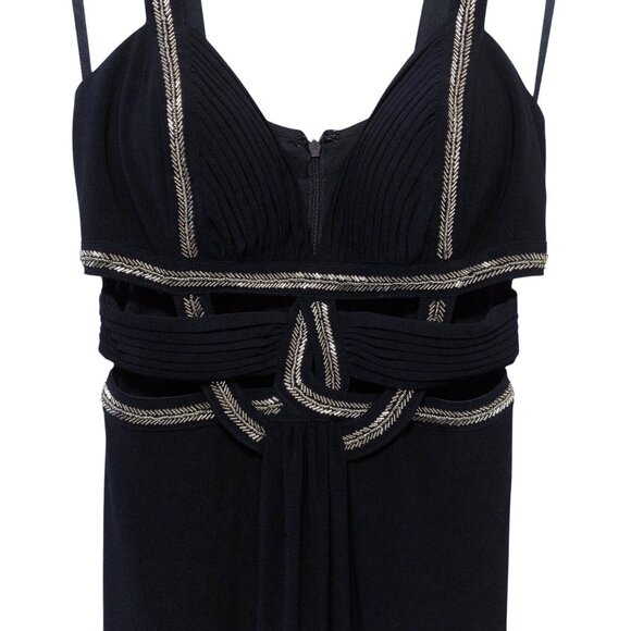 Betsy & Adam Black Gold Trim Pleated Bodice Cutout Waist Sleeveless Long Dress 4 - Picture 4 of 10